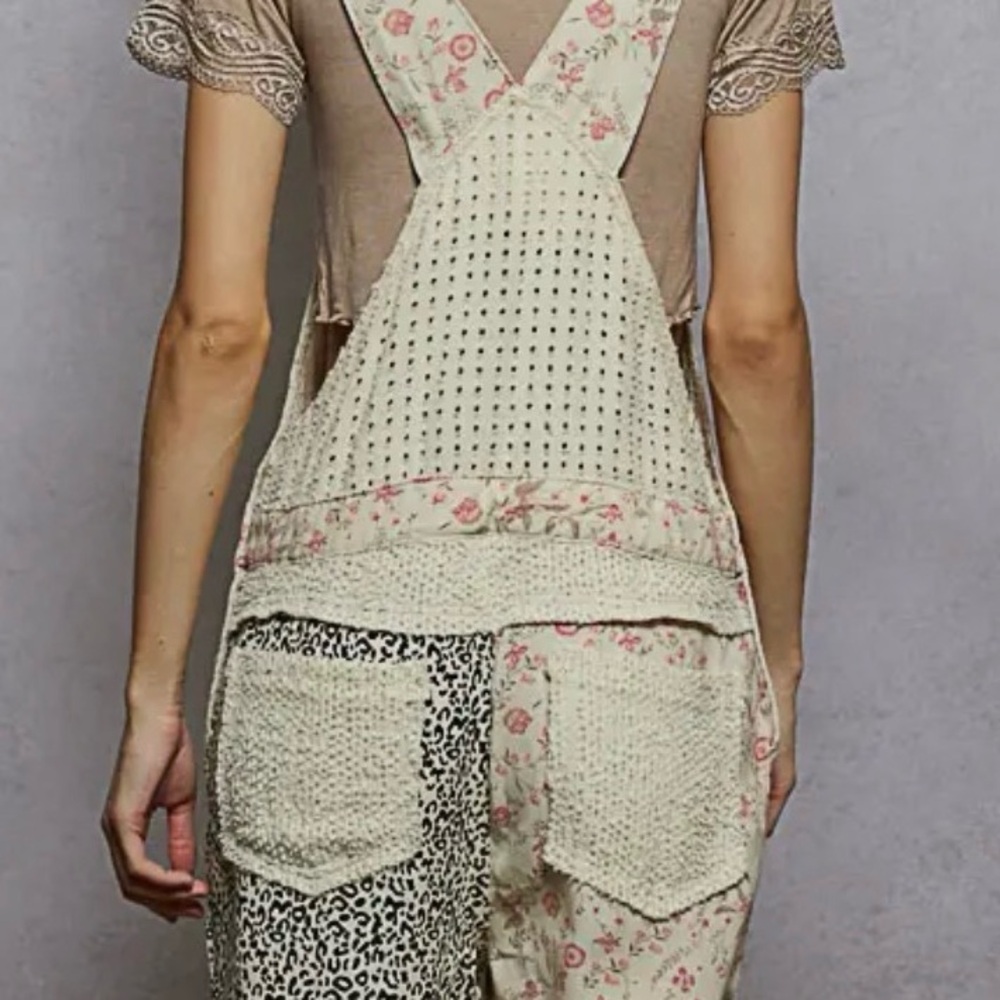 POL Patchwork Floral and Leopard Print Overalls in Beige and Cream - Picture 3 of 4